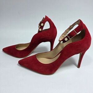 Vince Camuto Jassita Red Suede Pump 3.5" Heel Pearl Studded Ankle Strap Women 7M
